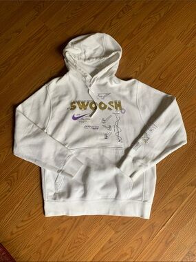 Nike White Hoodie with Gold & Purple Swoosh Graphics